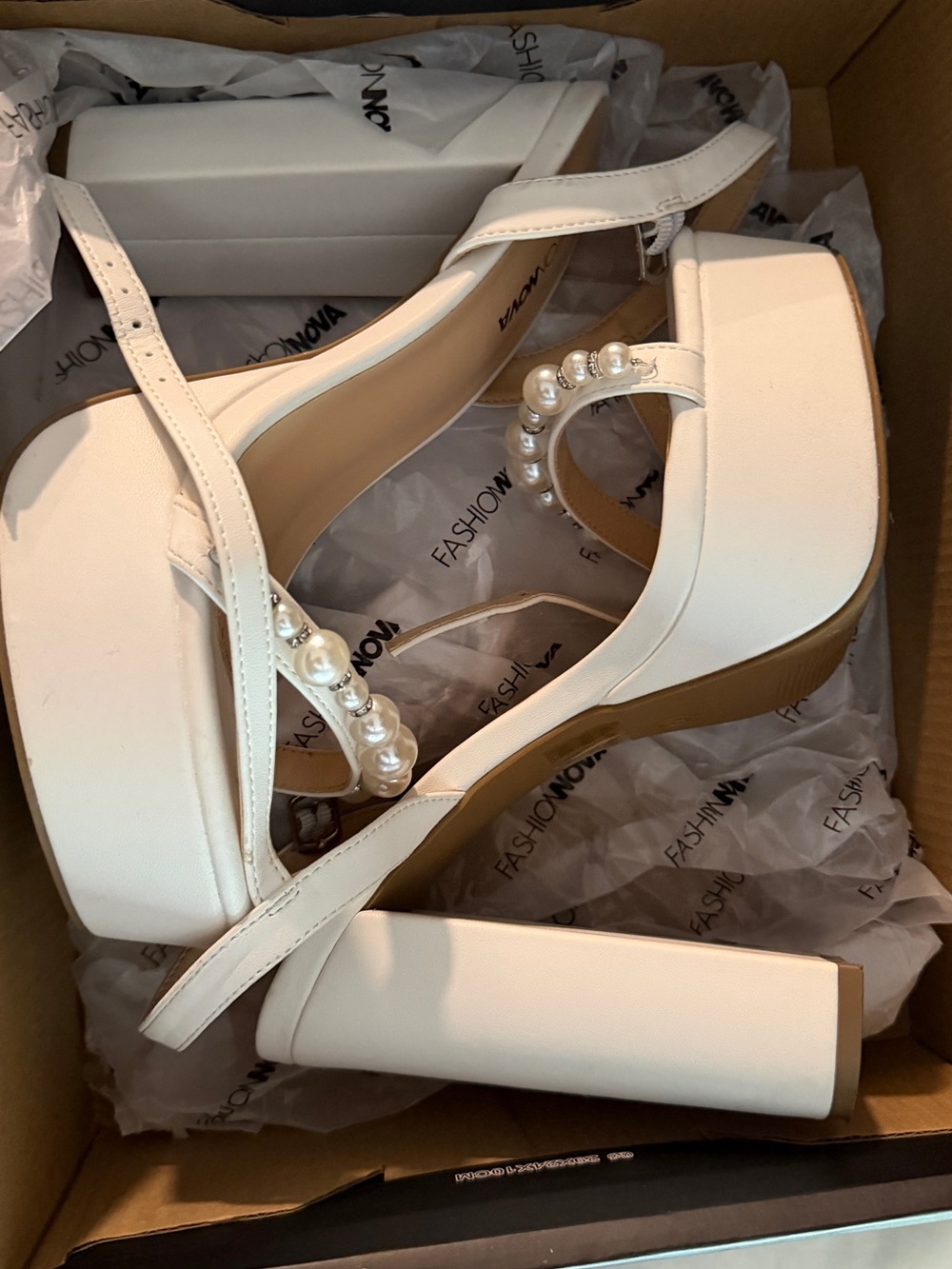 Fashion Nova White Pearl-Embellished Platform Block Heels